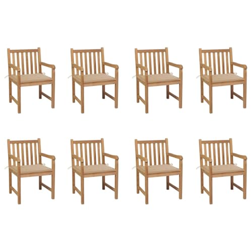 Mokuyary - Juego de 8 sillas de jardín con cojines de madera de teca maciza, silla de terraza para exterior, jardín, piscina, balcón