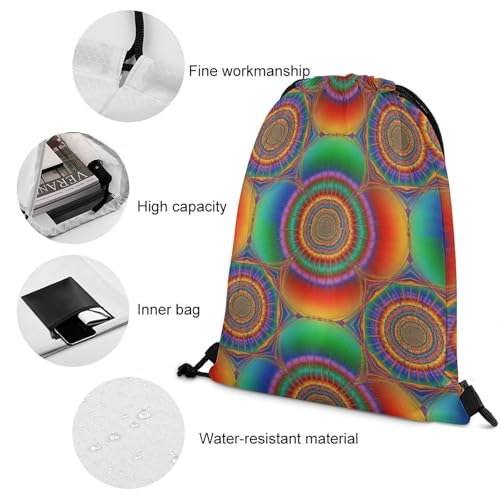 Image of Travel Drawstring Backpack Theft Proof Cinch Sack Water Resistant Sackpack for Camping Hiking Outdoor Sports, Spiral Psychedelic Tie Dye Rainbow Bags