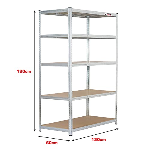 Rhino Racking Heavy-Duty Garage Shelving unit – 5-Tier Steel Storage Shelves, Boltless Shelves, Industrial Shelving, Galvanised, 200kg Per-Tier, 180x120x60cm - Image 2