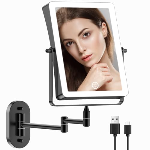 Famihomii Recargable Espejo Maquillaje con Luz Pared, Grande 8,7 Pulgad Baño de Pared con Regulable 3 Color Luces, 360...