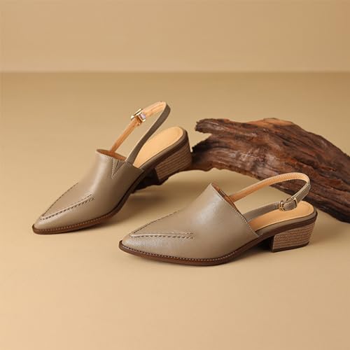Women's Genuine Leather Slingback Block Heel Pumps with Buckle Ankle Strap Closed Pointed Toe Slip-On Stacked Chunky Heels Mules Sandals Fashion Dress Party Prom Shoes2
