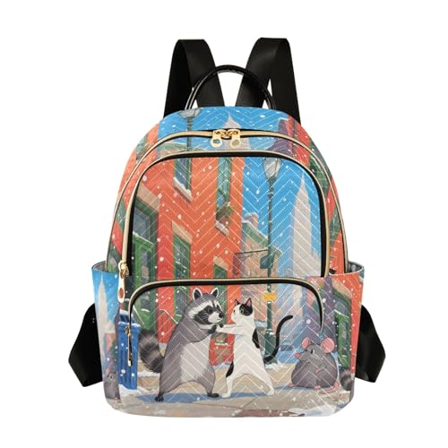 Nexawaveo Mochila acolchada para mujer, bolsa de mano para laptop de 14 pulgadas, ligera, mochila de trabajo, diseño de animales de patchwork, color verde, Animales en Winter Street, Small, Mochilas