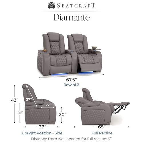 Image of Seatcraft Diamante Gray Italian Leather Home Theater Seating, Zero Gravity Power Recliner Gaming and Home Office Chair, Powered Headrest Lounge Sofa Furniture for Cinema Room, Row of 2