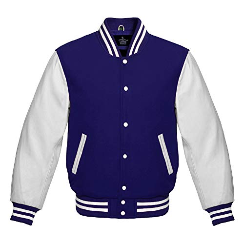 Lishow Fashion Varsity Jacket Baseball Letterman Bomber Wool & white Genuine leather sleeves (as1, alpha, 4x_l, regular, regular, Navy Blue)