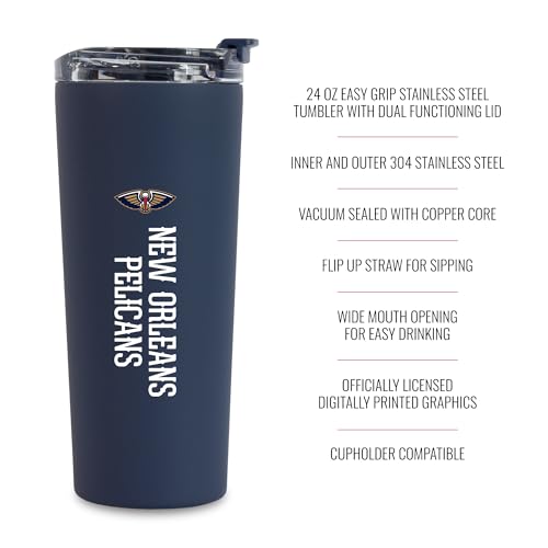 Image of Rico Industries NBA Basketball New Orleans Pelicans Navy 24oz Stainless Steel Tumbler with Lid and Dual Functioning Lid