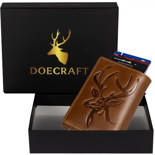 Image of Men's Genuine Leather RFID Wallet | Premium Slim Red Wallet for Men with Deer 3D Print | 8 Card Slots Secure and Durable Design | Casual Stylish | Formal & Gifting Use, Tan and Black