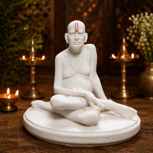 Image of KariGhar Marble Swami Samarth Idol Figurine Perfect for Car Dashboard and Housewarming White 3 Inch