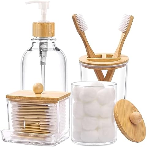 Tbestmax Bamboo Bathroom Accessories Set 4 Pcs Cover