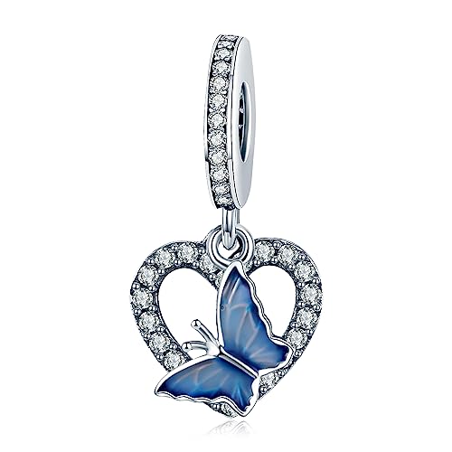 NINGAN blu farfalla Charms fit Pandora Charms Bracciali, 925 Sterling Silver Bead Heart Charm per bracciali e collane, perfetto regalo di San Valentino per le donne moglie mamma