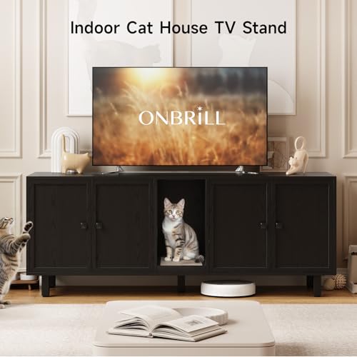 Image of ONBRILL 63 Inches Cat Litter Box Enclosure for 2 Cats, Hidden Litter Boxes Furniture with Cat Scratch Pad, Large Indoor Pet House with Double Room, Wooden TV Stand Side Table, Black