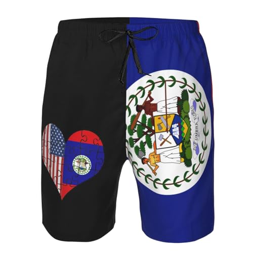 Bañador Corto Rompecabezas De Corazón con La Bandera De Belice Drawcord Pantalones Cortos Impermeable Surfero Hombre Cortos Premium Shorts De Secado Rápido para Natación, Correr, Verano S