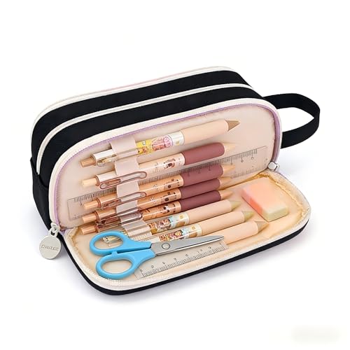 Pencil case 3-Layer Unfold Design for Instant Access Black Pencil case for Boys back-to-school Gifts Pencil case for girls& Students(Black)