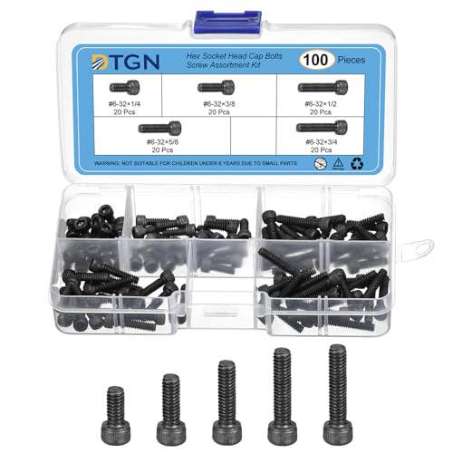 DTGN 100Pcs #6-32 Bolts Socket Head Screws Kit, #6-32 Screw Assortment, 12.9 Grade Steel #6-32 x 1/4", 3/8", 1/2", 5/8"