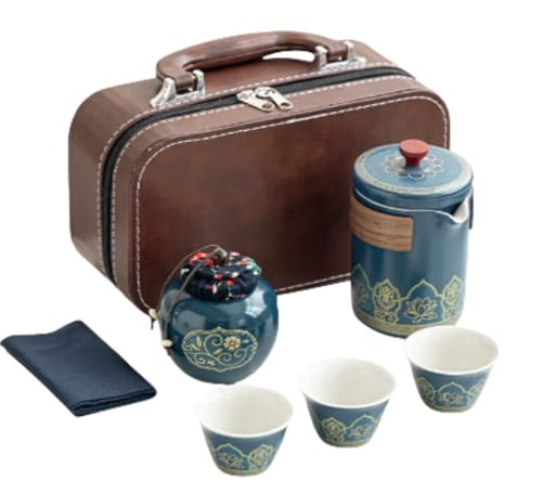 Smedic旅行用の日本製ティーポット、高級、スタイリッシュ、旅行、ポータブル、カンフーティーセット、アウトドア、ティーポット、キャンプ、企業ギフト、ティーセット、陶器、ティーカップ、スタイリッシュ、軽量、家族、親子へのギフト (ブルー/アンシェントライム