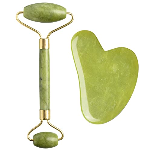 Jbdudvtv Jade Roller, GuaSha, Facial Beauty Roller Skin Care Tools, Face Roller, Gua Sha, âOriginal Handcraft Natural Green Jade Massager for Eyes, Face,Neck, Relieve Wrinkles and Fine Lines
