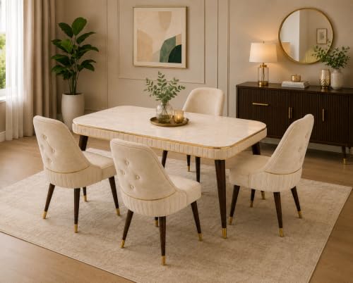 Image of WOODEN SPACE Majestic 4 Seater Wooden Dining Table Set | Urban Marble Top Dining Table with Chairs for Dining Room & Kitchen (Beige Modern Grand Aura) (54 x 36 x 30 inch)
