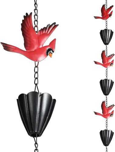 Aifeorzo Cardinal Rain Chain, 8.5Ft Rain Chains for Gutters and Downspouts, Metal Decorative Rain Catcher Chain, Bird and Cup Rainwater Gutter Chimes for Outside, Outdoor Garden Decor