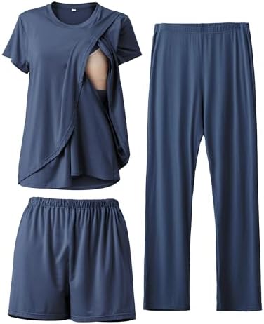 SUNNYBUY 3-teiliges Stillpyjama Set für Schwangerschaft & Stillzeit | Diskretes Stillen, Still-Top, Shorts & Hose, Verstellbarer Bund, Weich & Atmungsaktiv, Alltag & Zuhause