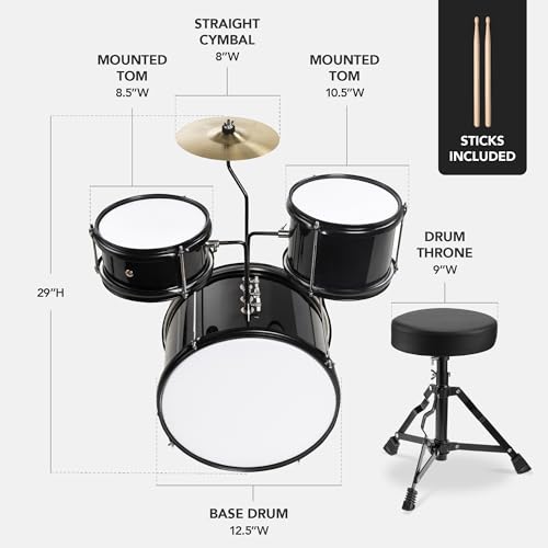 image for Best Choice Products 3-Piece Beginner Drum Set for Kids Juniors, w/Thr