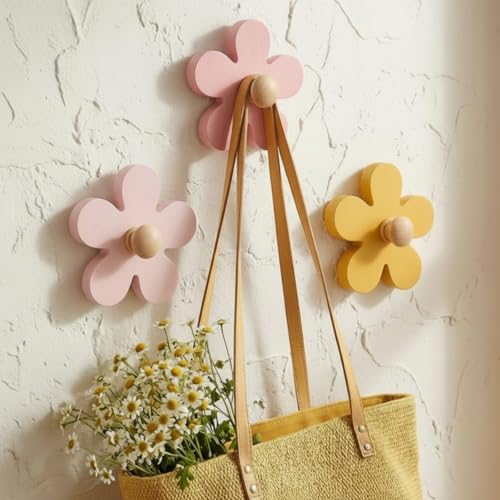 AceOrbit 3 Pcs Daisy Wall Hooks Wood, Yellow, Pink, Purple