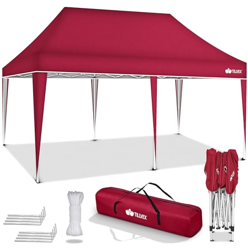 tillvex Tonnelle de jardin pop-up, tente de réception, étanche, pliable, réglable en hauteur, 3 x 6 m, protection UV 50+, avec sac, rouge
