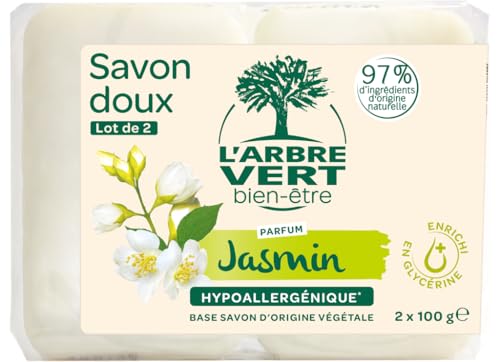 L'Arbre Vert Bien-être Savon solide doux parfum Jasmin - Hypoallergénique - 97% d'ingrédients d'origine naturelle - lot de 2x100g
