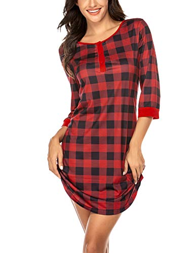 Ekouaer Nightgown Plaid Sleepwear For Women Button-Down Nightdress Soft Sleepshirt #TOP1