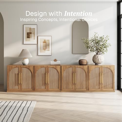 Image of BELLEZE Set of 2 65 inch Sideboard Cabinet with Double-Arc Wood Doors, Large Buffet Cabinet with Storage and Adjustable Shelves, Classic Modern Console Sideboard for Living Room Kitchen Entryway (Camel)