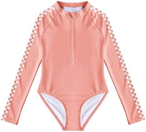 Girls Long Sleeve Rash Guard Swimsuits Sunsuits One Piece Cute Water Sport Swimwears Pink