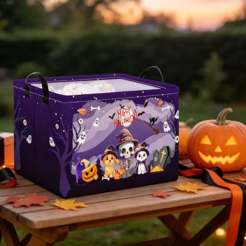 Image of Purple Spooky Night Halloween Basket with Kitten Puppy Ghost Prints,Trick or Treat Storage basket for Gifts and Party Stuffers(Kitten Puppy Skeleton)