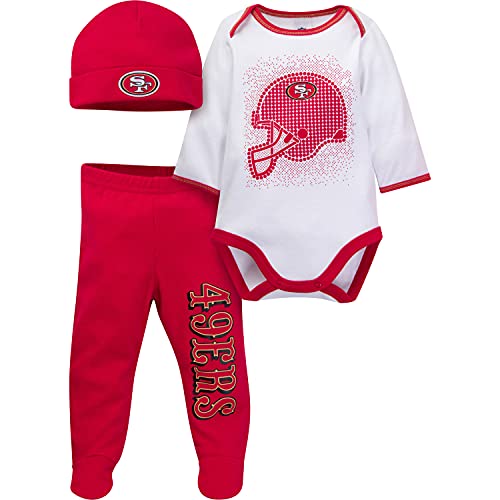 Gerber NFL San Francisco 49Ers 3 Pack Bodysuit Footed Pant and Cap Registry Gift Set, red San Francisco 49Ers New, 6-9 Months