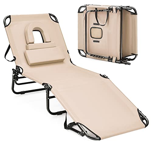 GOPLUS Tumbona Plegable, Tumbona Jardín Exterior con Agujero para Cara, Almohada Extraíble y Respaldo Ajustable en 5 Posiciones, Tela Oxford, Playa Piscina Terraza Carga 160kg 194x63x37cm (Beige)