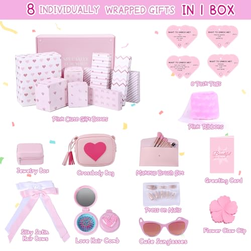 MH MYLUNE HOME Christmas Gifts for Teen Girls, Pink Gifts Basket Birthday Graduation Gifts box Set for Teen Tween Girl Age 6-18, 8 Individually Wrapped Gifts in 1 Box & Fun Task Tags2