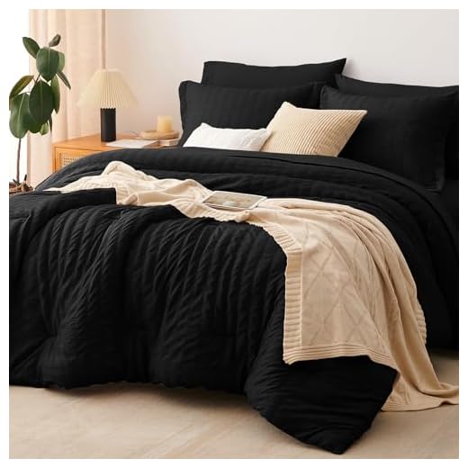 CozyLux Queen Seersucker Comforter Set with Sheets Black Bed in a Bag 7-Pieces All Season Bedding Sets with Comforter, Pillow Sham, Flat Sheet, Fitted Sheet, Pillowcase