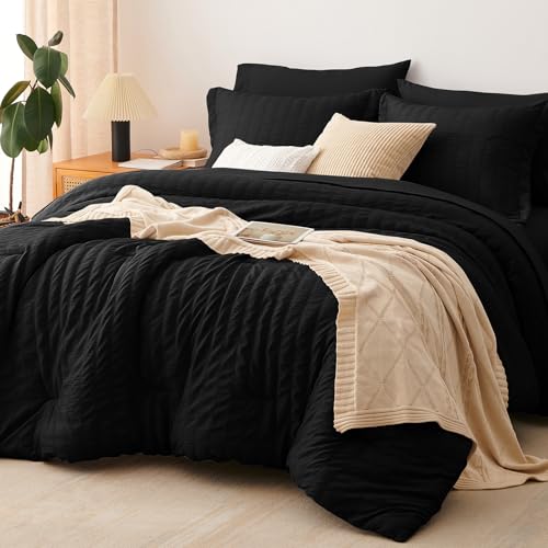 Image of CozyLux Oversized King Comforter Set with Sheets, 7 Pieces 120 inchx98 inch Black Seersucker Bed in a Bag, Luxury Soft Bedding Set with Down Alternative Comforter, Sheets, Pillowcases & Shams, Bedroom Bed Set