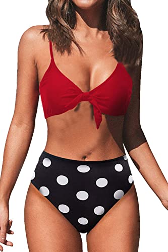 JFAN Conjunto de Bikini de Cintura Alta para Mujer Traje de Baño de Dos Piezas Traje de Baño de Nudo de Corbata de Guinga(Lunares Rojos,S)