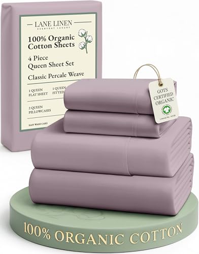 Image of LANE LINEN Queen Size Sheets Set, 100% Organic Cotton Sheet Set, 4 Pc Queen Sheets, Percale Weave, Breathable Hotel Quality Queen Size Deep Pocket Cooling Sheet, Oeko-Tex Sheets - Lilac