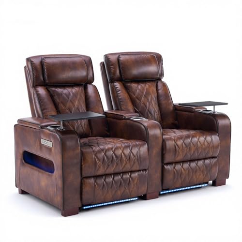 Image of Luxury Home Theater Seating - Power Recliner with Adjustable Headrests, Blue LED Ambient Lighting, Tray Table, USB & Type-C Charging (Light Brown,2 Seat)