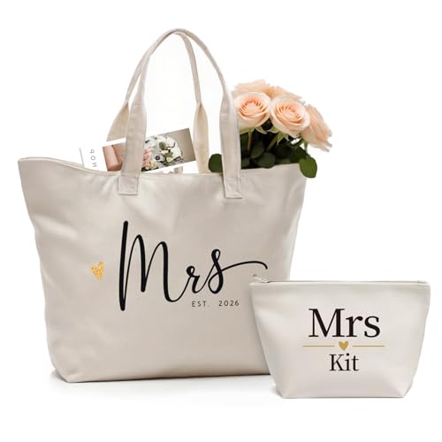 CARAKNOTS Mrs Tote Bag for Bride 2026 – Large Natural Canvas Wedding Tote with Zipper & Pocket, Future Mrs & Bride to Be Gifts for Bridal Shower, Engagement, Bachelorette Party, Honeymoon Beach Bag