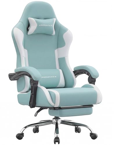 Image of Dowinx Ergonomic Gaming Chair with Footrest & Massage Lumbar, 2D-Linkage Armrests for Computer Chair 330lbs with Headrest Pillow for Office, Home, Streaming and Long Gaming Sessions, Fabric Blue White