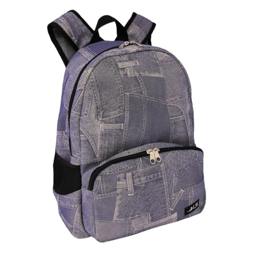 Mochila Casual de Jeans Emborrachado, Bolso Frontal com Zíper, Azul Escuro, MN4268