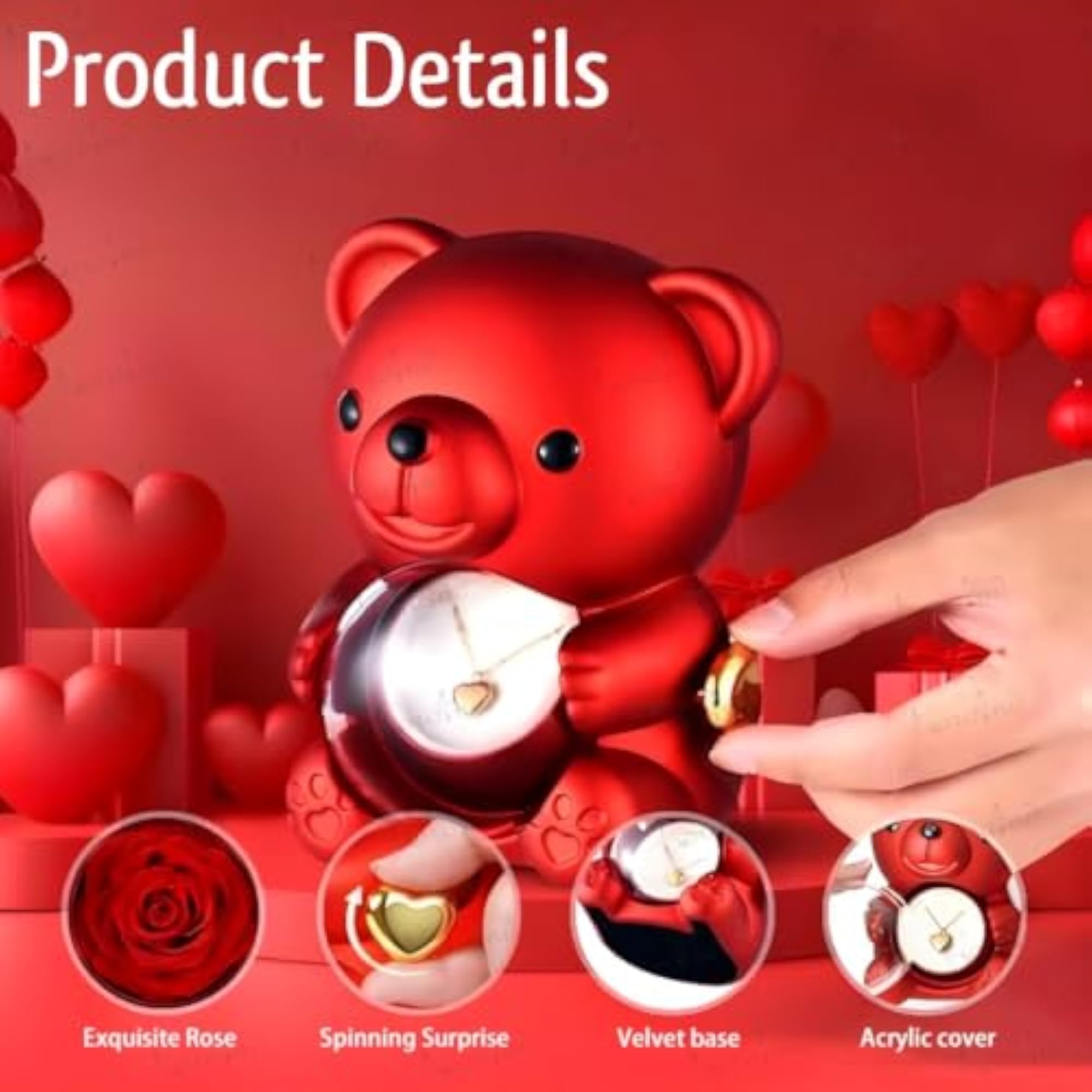 Cute Teddy Shape Ring Box with 360 ° Rotating Preserved Rose