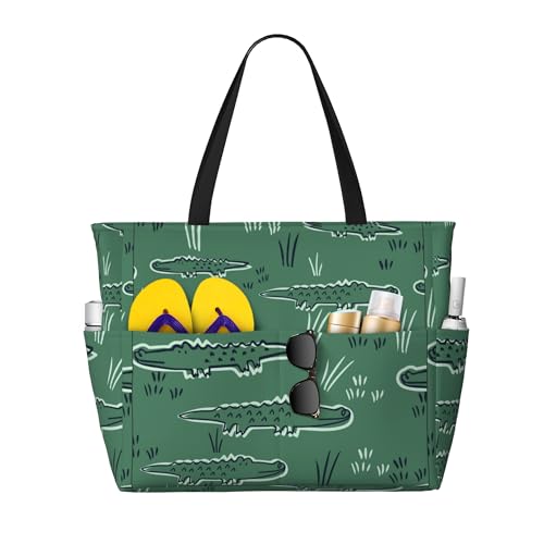 Cute Alligator Crocodile Large Beach Tote Bags for Womens Mens Sandproof Swim Pool Bag with Zipper for Travel Vacation
