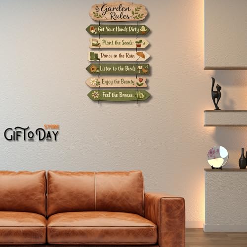 Image of Giftoday Wooden Hanging Wall Decor Sign for Home | Motivational, Spiritual, Garden & Quote Wall Hanging Plaque for Living Room, Bedroom, Entryway & Office Decor (Garden Rules Sign)
