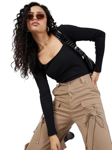 Image of SASSAFRAS Women's Slim Fit Full Sleeves Rib Square Neck Ribbed Basics - Casual Ribbed T-Shirt Tops