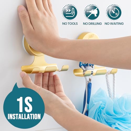 Image of TAILI Razor Holder for Shower with Suction Cup Metal Vacuum Shower Hooks Reusable Bathroom Suction Hooks Razor Holder for Shaver Towels Robes Multipurpose Hanging 2 Packs, Round, Gold