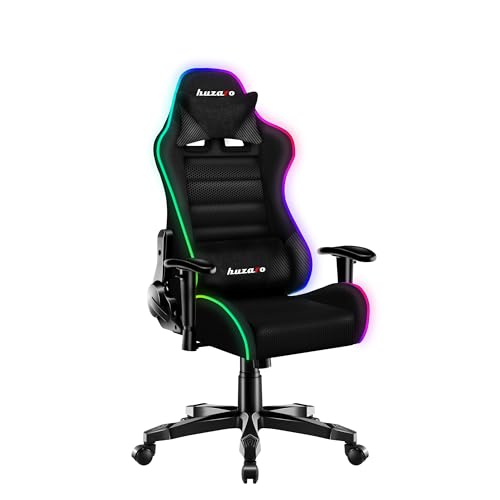 huzaro Ranger 6.0 RGB Mesh | LED Beleuchtung Gaming Stuhl Schreibtischstuhl für Kinder Gamer Sessel Stoff | bis 130 kg belastbar | Höhenverstellbar Kopfstütze Lendenstütze Ergonomischer | Schwarz