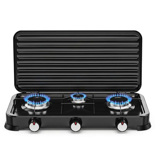 Cocina de Gas Portátil 3 Fogones 5.4kW – Hornillo Camping Butano/Propano con Tapa, Fuego Ajustable, Alta Potencia para Camping, Exterior, Viajes y Cocina al Aire Libre. (3 Fogones)