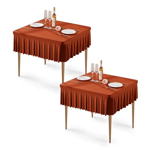 Wish Care 2 Pack Rust Spandex Square Tablecloths 34x34 Inch, Stretch Fitted Table Clothes with Pleated Ruffle Skirt, Wrinkle Free Elastic Table Cover for Thanksgiving Harvest Wedding Banquet Party