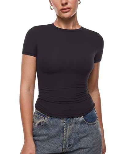 INLYRIC Women's Inbarely Ultra Short Sleeve Tops Crew Neck Double Lined Going Out Slim Fit T Shirts Summer Basic Tees